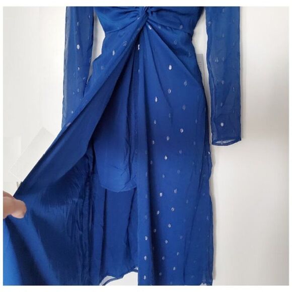NWT NSR Royal Blue Metallic Dot Plunging V-Neck Midi Dress Sz S Cocktail Holiday - Picture 3 of 13
